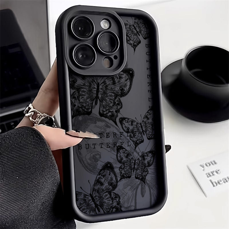Nocturne butterfly phone case in matte black with hand-illustrated dark floral design